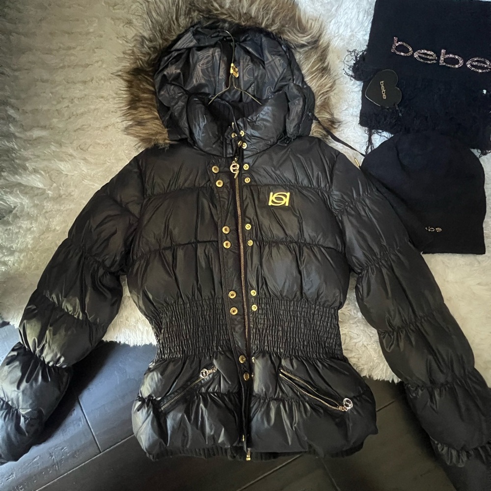 Brand new Bebe Black Puffer Jacket w/ Fur Trim and matchin black baby scarf/hat